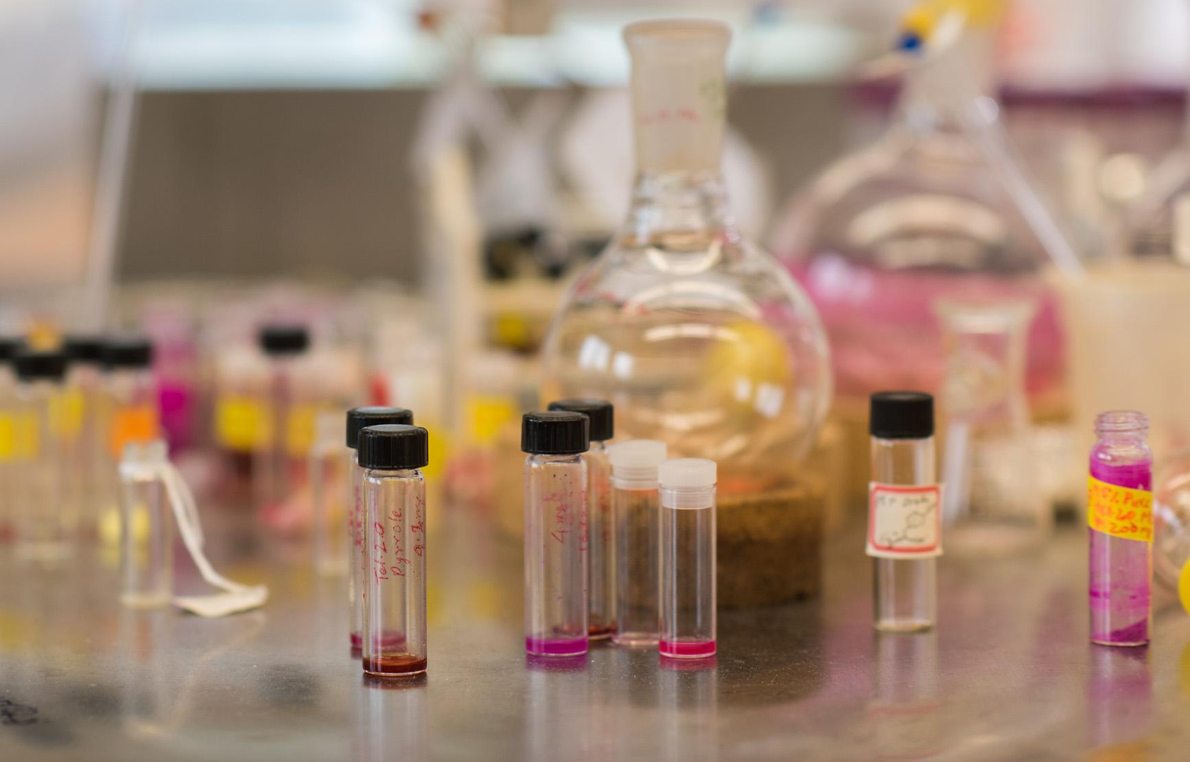 Close-up of vials in Ryan Mehl's lab.