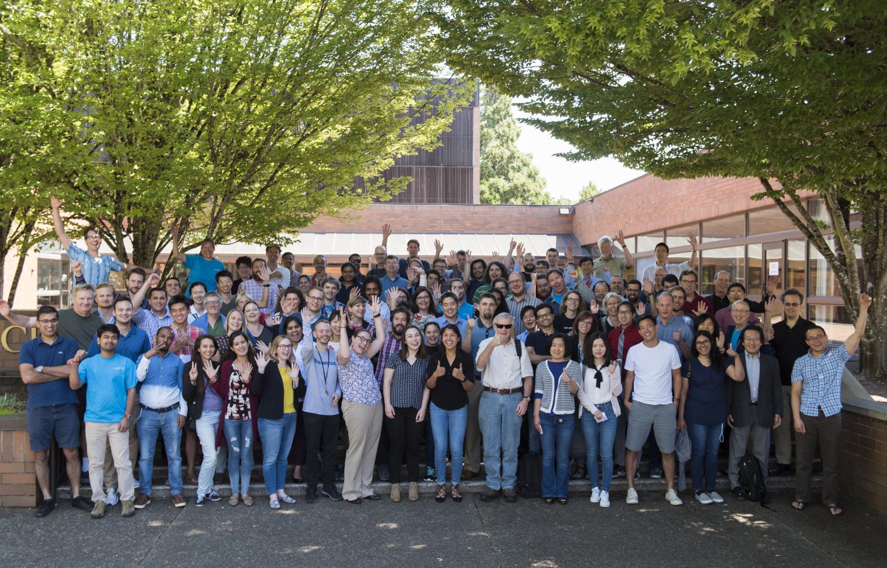 Group photo of attendees of the 2018 GCE Conference held at OSU. The group is standing outside in front of the conference building. 