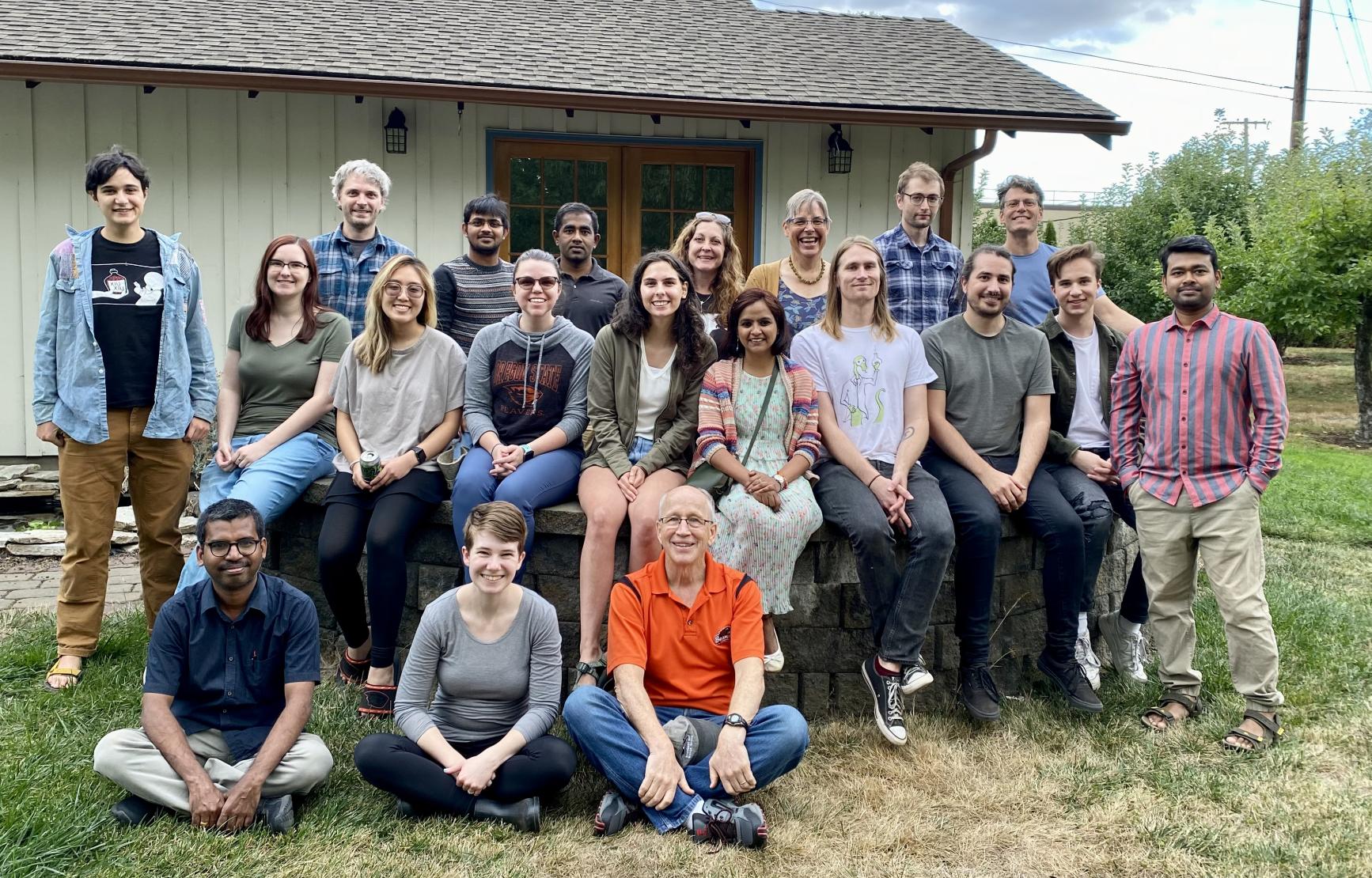 A photo of the lab group, including 20 researchers, outside
